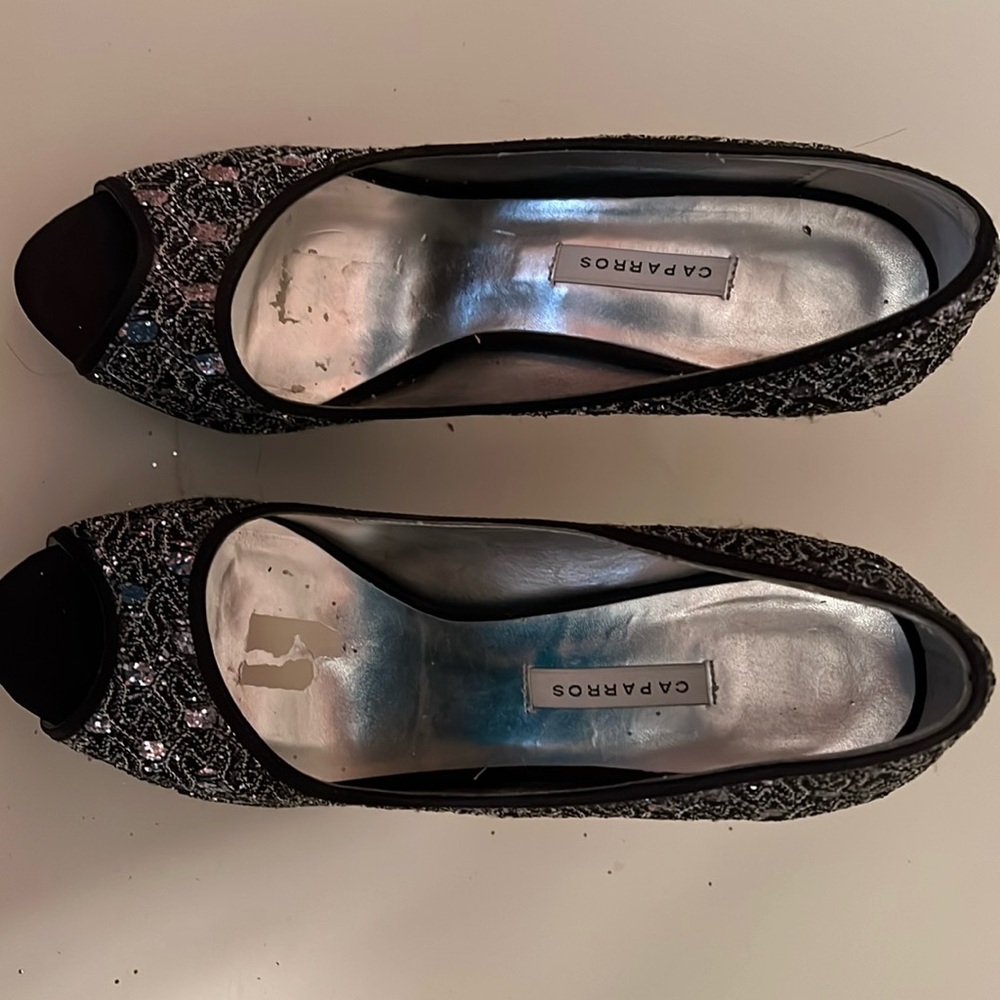 Size 8 Caperton’s shoes in black with silver beading. Heels are black satin.